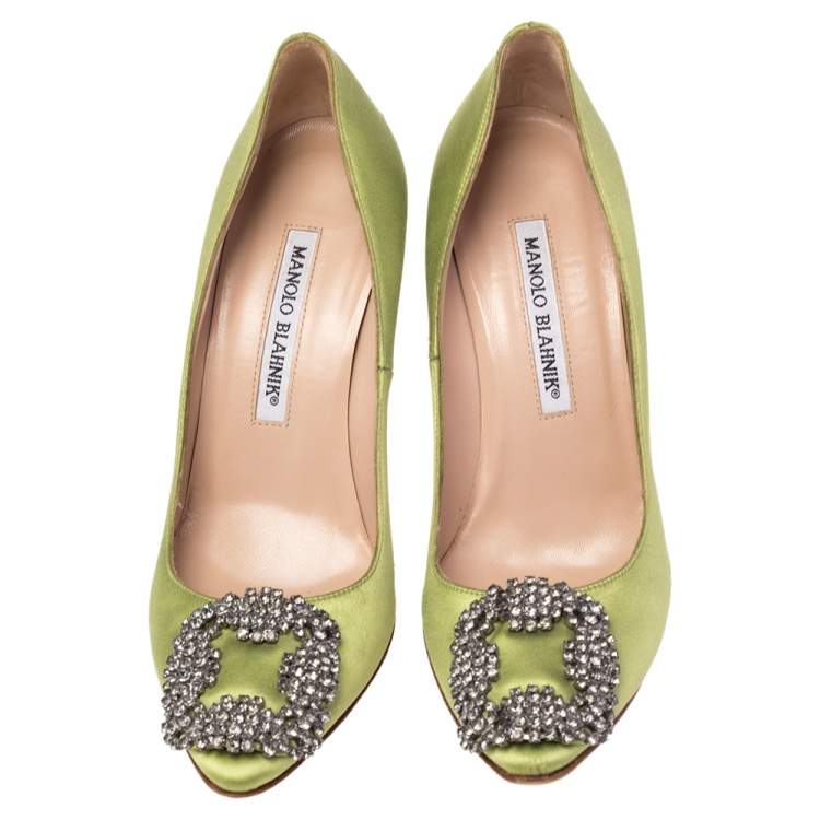 Pre Owned Manolo Blahnik  Apple Green Satin Hangisi Pumps Size 35.5
