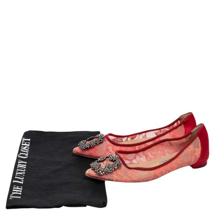 Pre Owned Manolo Blahnik Red Lace And Satin Hangisi Ballet Flats Size 36