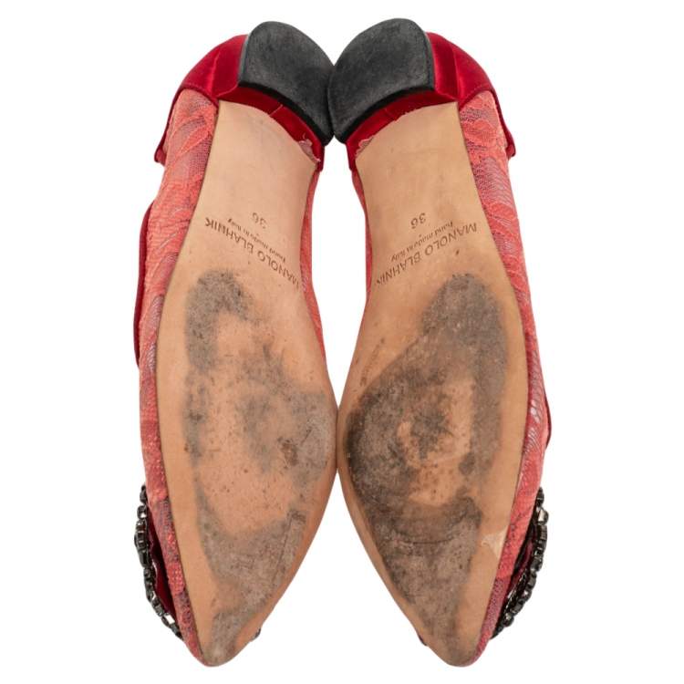 Pre Owned Manolo Blahnik Red Lace And Satin Hangisi Ballet Flats Size 36
