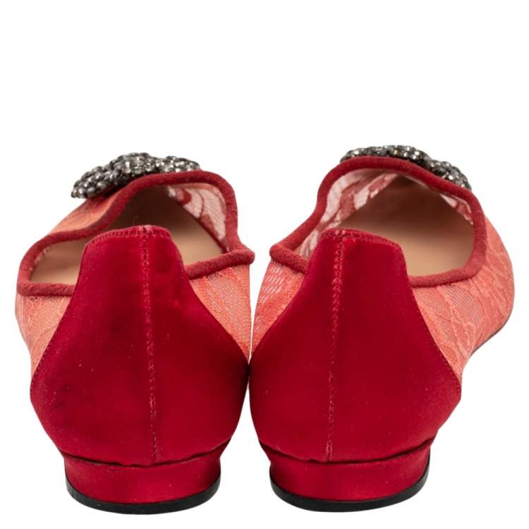 Pre Owned Manolo Blahnik Red Lace And Satin Hangisi Ballet Flats Size 36