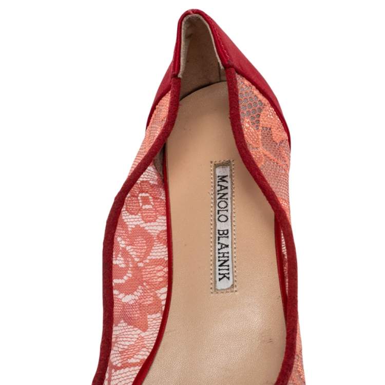 Pre Owned Manolo Blahnik Red Lace And Satin Hangisi Ballet Flats Size 36