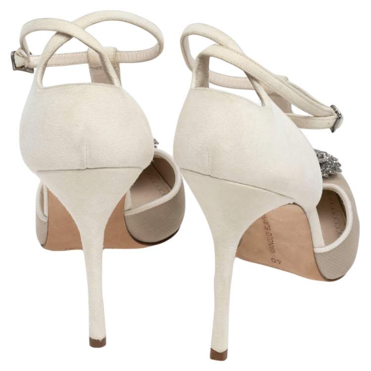 Pre Owned Manolo Blahnik White Satin And Suede Eridania D'orsay Ankle Strap Pumps Size 40
