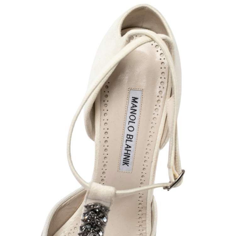 Pre Owned Manolo Blahnik White Satin And Suede Eridania D'orsay Ankle Strap Pumps Size 40