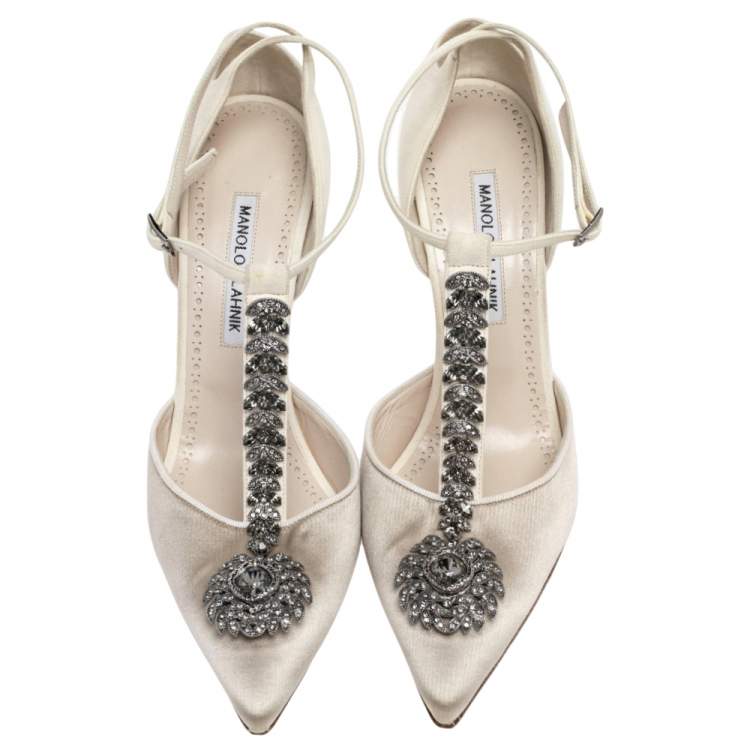 Pre Owned Manolo Blahnik White Satin And Suede Eridania D'orsay Ankle Strap Pumps Size 40
