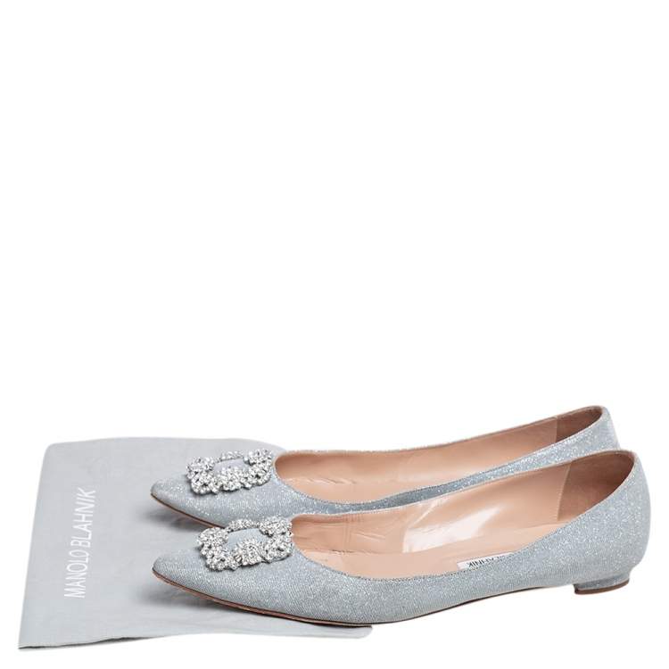 Pre Owned Manolo Blahnik Silver Lurex Fabric Hangisi Ballet Flats Size 42