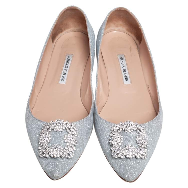 Pre Owned Manolo Blahnik Silver Lurex Fabric Hangisi Ballet Flats Size 42