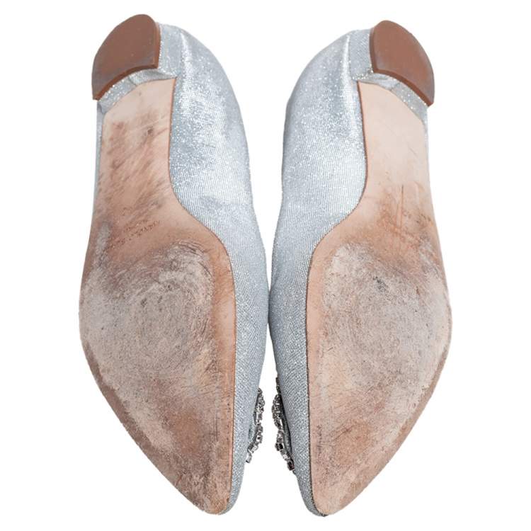 Pre Owned Manolo Blahnik Silver Lurex Fabric Hangisi Ballet Flats Size 42