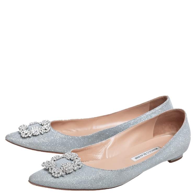 Pre Owned Manolo Blahnik Silver Lurex Fabric Hangisi Ballet Flats Size 42
