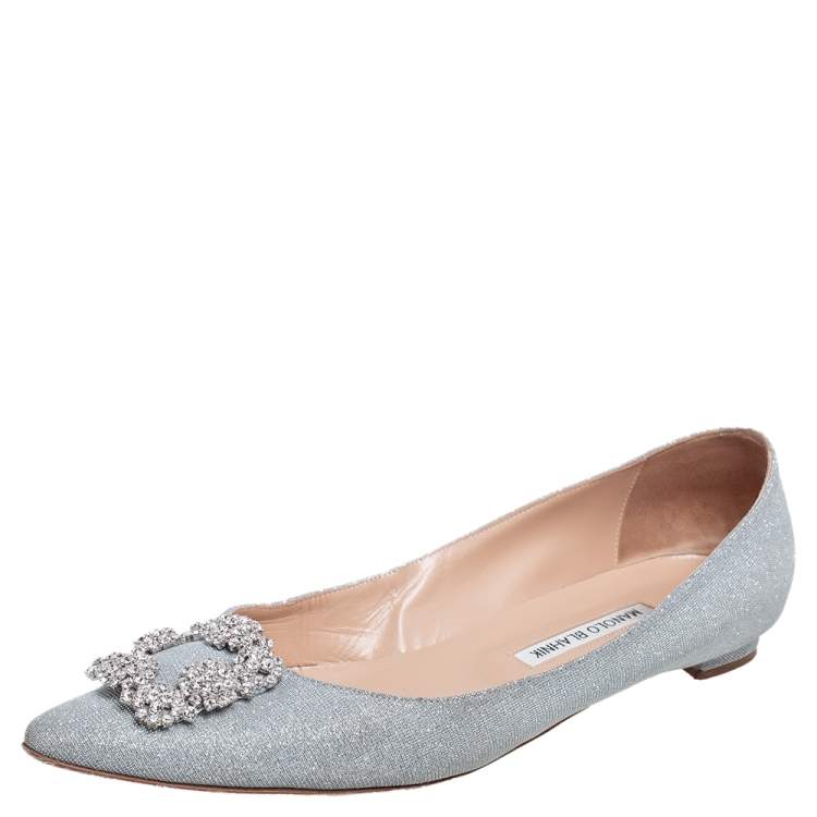 Pre Owned Manolo Blahnik Silver Lurex Fabric Hangisi Ballet Flats Size 42