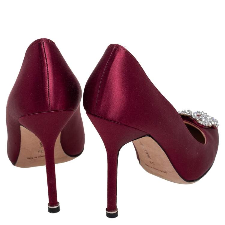 Pre Owned Manolo Blahnik Burgundy Satin Hangisi Pumps Size 39