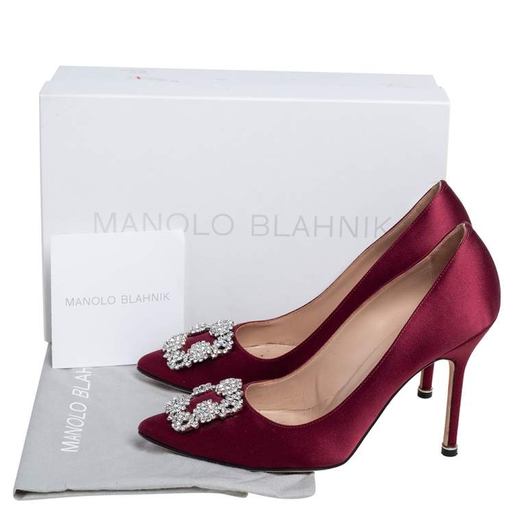 Pre Owned Manolo Blahnik Burgundy Satin Hangisi Pumps Size 39