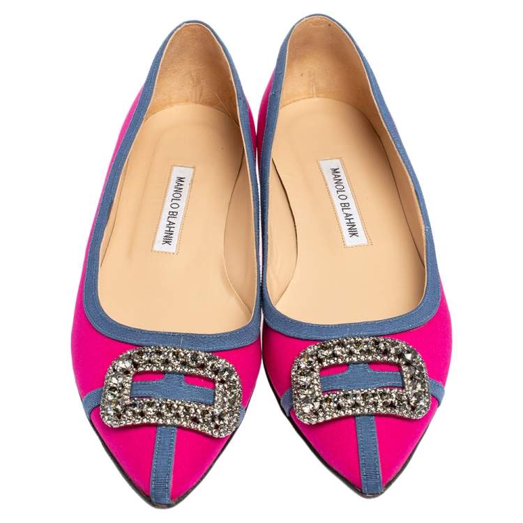 Pre Owned Manolo Blahnik Pink Satin Gotrian Crystal Embellished Pointed Toe Flats Size 40.5