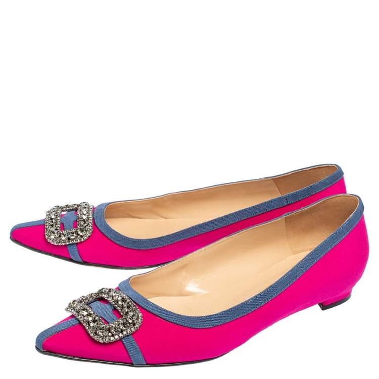 Pre Owned Manolo Blahnik Pink Satin Gotrian Crystal Embellished Pointed Toe Flats Size 40.5