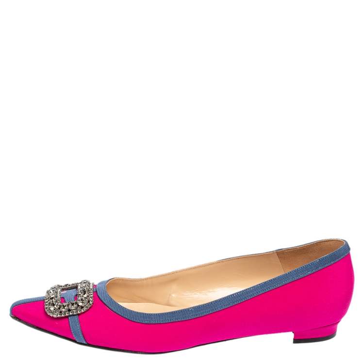 Pre Owned Manolo Blahnik Pink Satin Gotrian Crystal Embellished Pointed Toe Flats Size 40.5