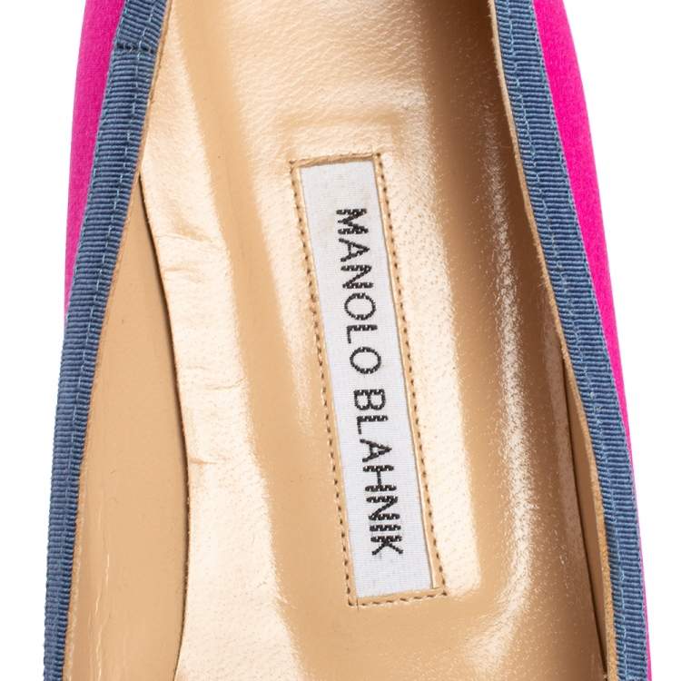 Pre Owned Manolo Blahnik Pink Satin Gotrian Crystal Embellished Pointed Toe Flats Size 40.5