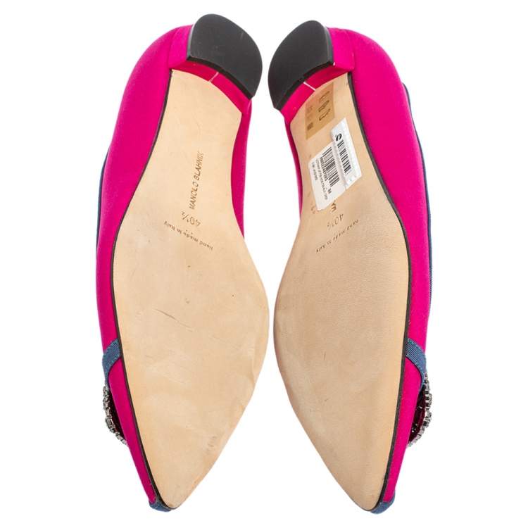 Pre Owned Manolo Blahnik Pink Satin Gotrian Crystal Embellished Pointed Toe Flats Size 40.5
