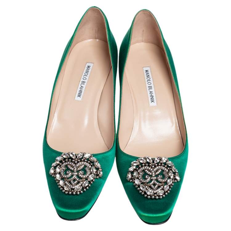 Pre Owned Manolo Blahnik Emerald Green Satin Okkato Pumps Size 40.5