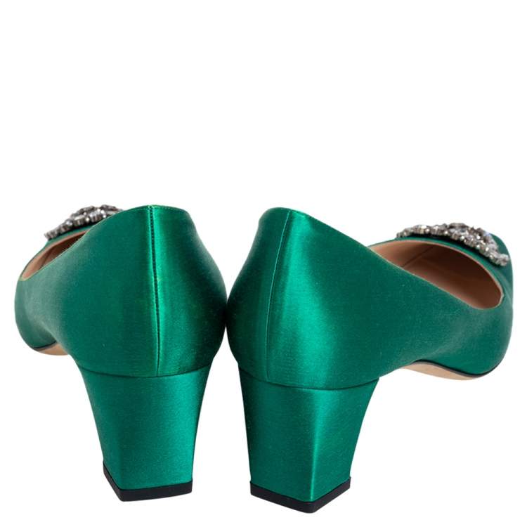 Pre Owned Manolo Blahnik Emerald Green Satin Okkato Pumps Size 40.5