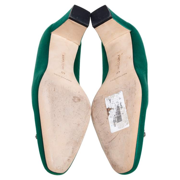 Pre Owned Manolo Blahnik Emerald Green Satin Okkato Pumps Size 40.5