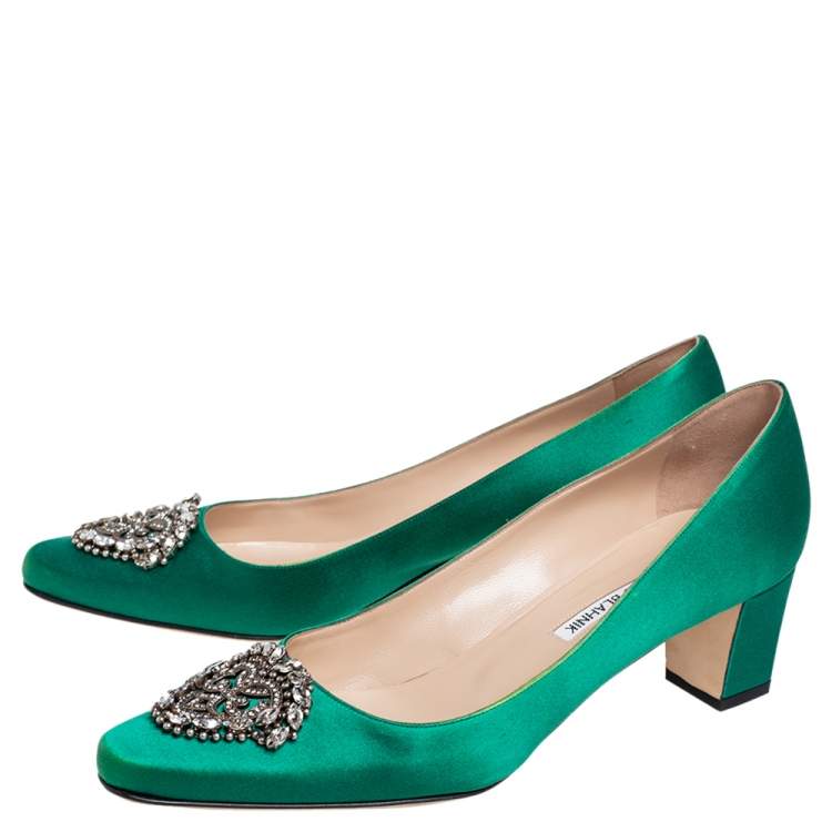 Pre Owned Manolo Blahnik Emerald Green Satin Okkato Pumps Size 40.5