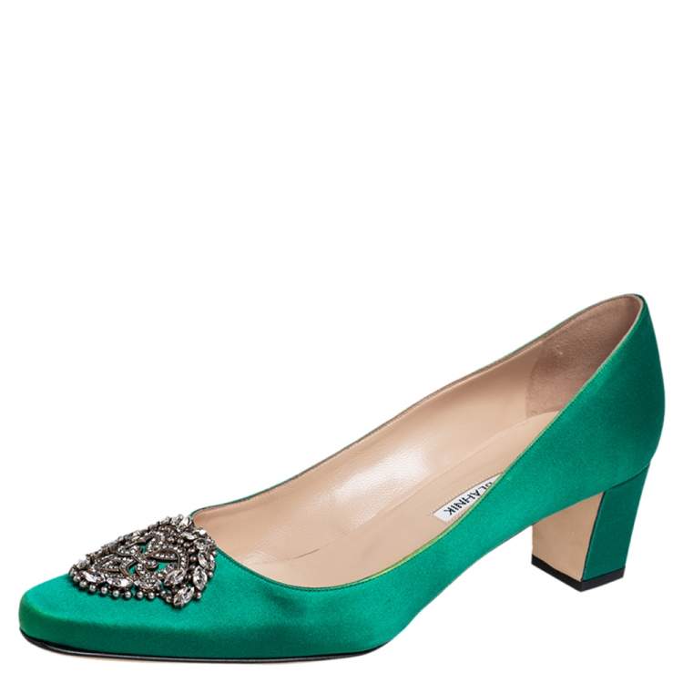 Pre Owned Manolo Blahnik Emerald Green Satin Okkato Pumps Size 40.5
