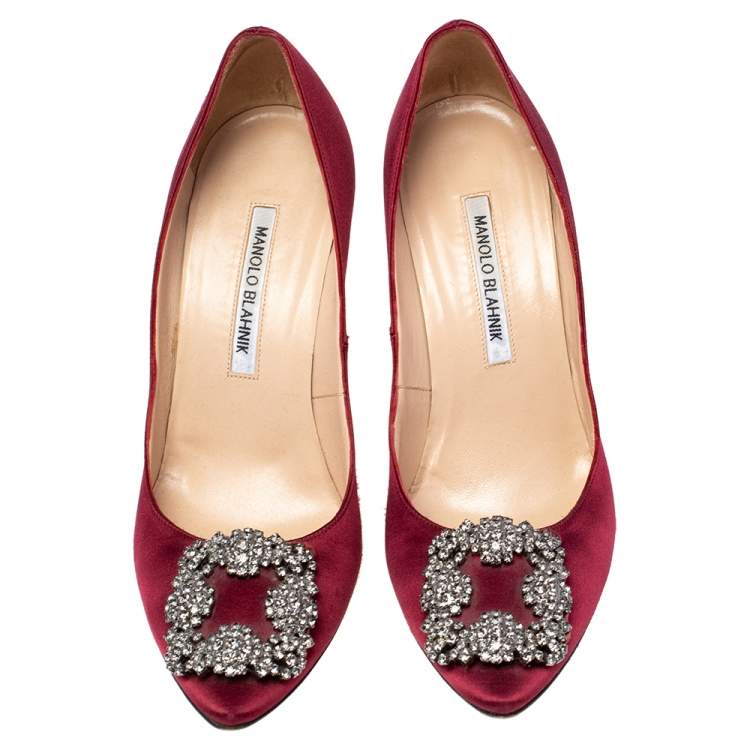 Pre Owned Manolo Blahnik Burgundy Satin Hangisi Pointed Toe Pumps Size 38
