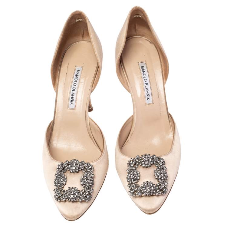 Pre Owned Manolo Blahnik Nude Beige Satin Hangisi D' Orsay Pumps Size 40