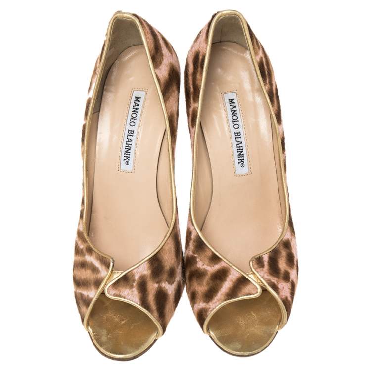 Pre Owned Manolo Blahnik Brown/Pink Animal Print Calf Hair Open Toe Pumps Size 37.5