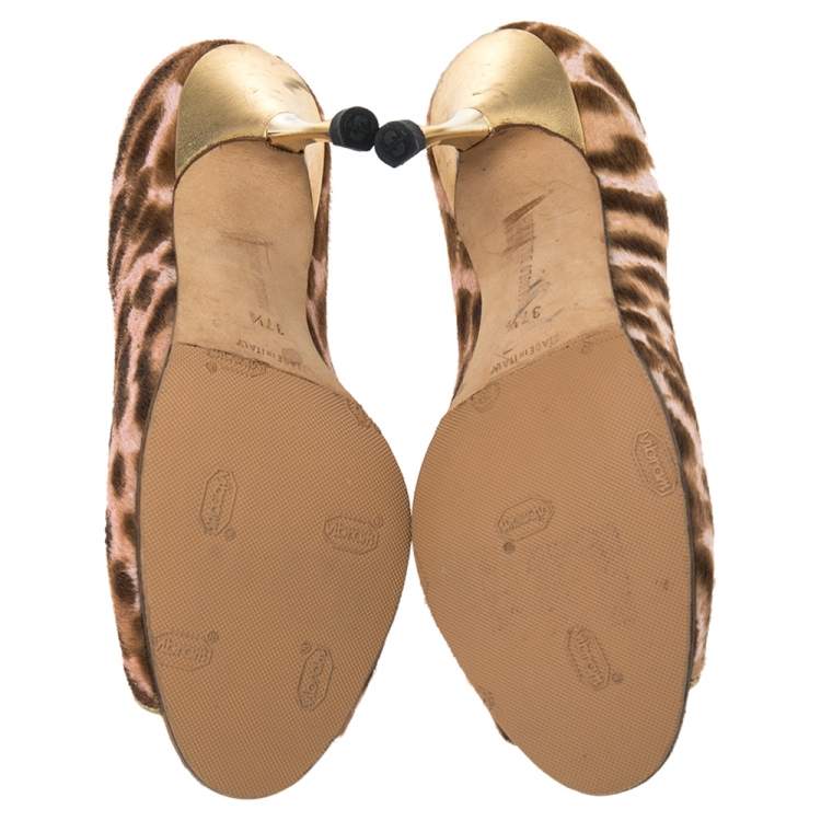 Pre Owned Manolo Blahnik Brown/Pink Animal Print Calf Hair Open Toe Pumps Size 37.5