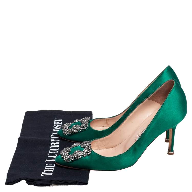 Pre Owned Manolo Blahnik Green Satin Hangisi Pumps Size 36.5