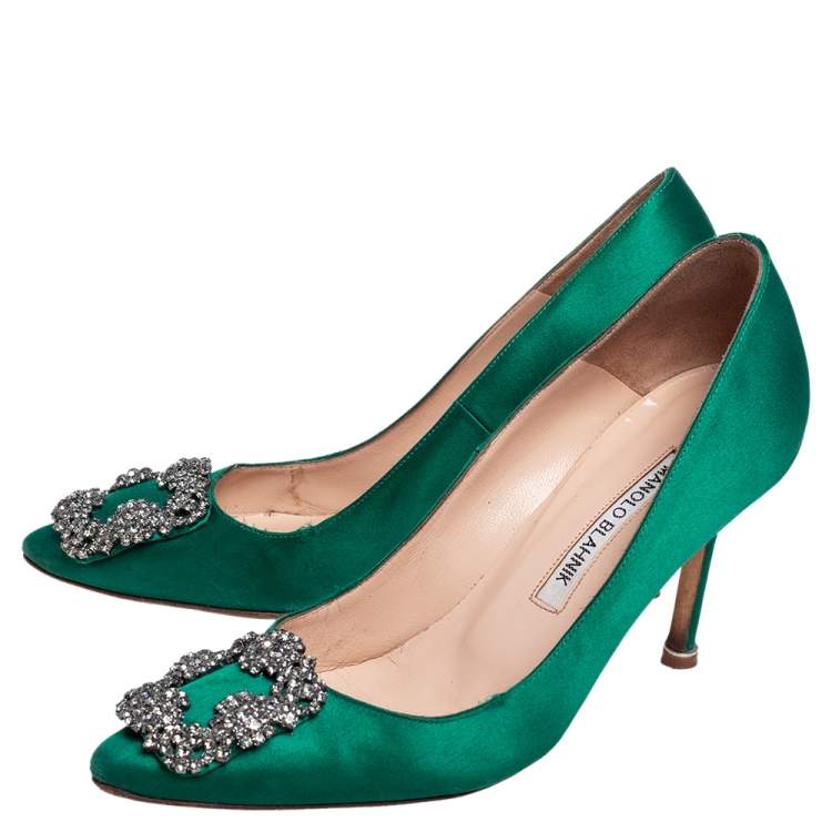 Pre Owned Manolo Blahnik Green Satin Hangisi Pumps Size 36.5