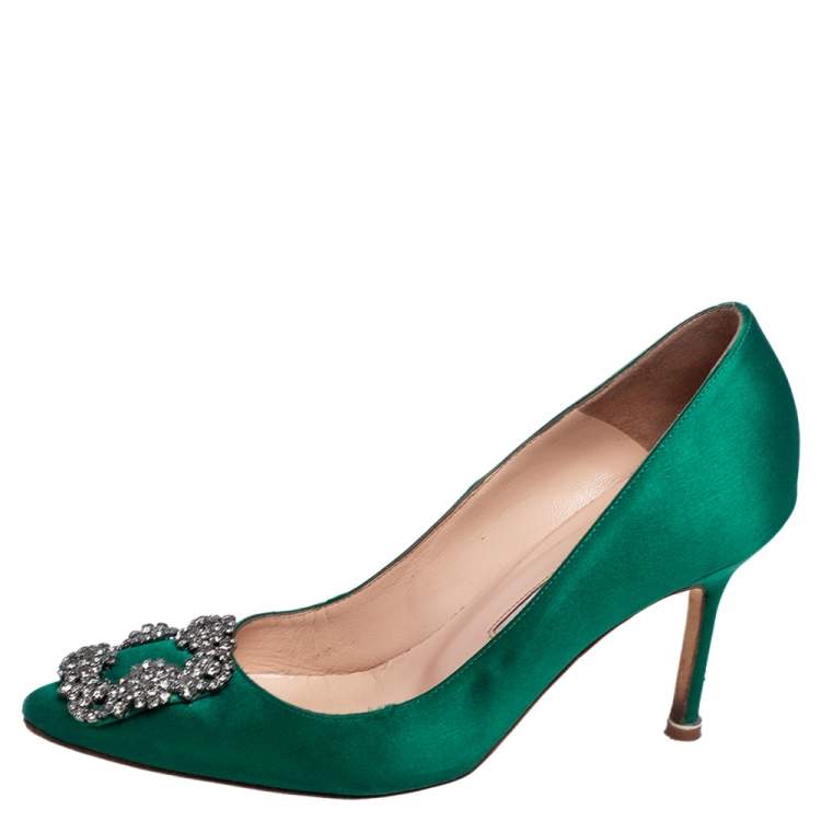 Pre Owned Manolo Blahnik Green Satin Hangisi Pumps Size 36.5
