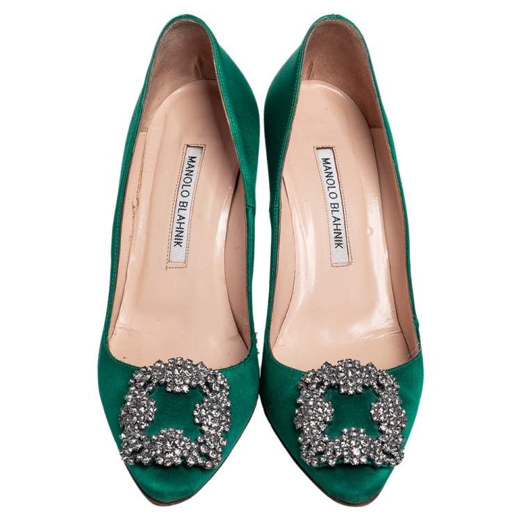 Pre Owned Manolo Blahnik Green Satin Hangisi Pumps Size 36.5