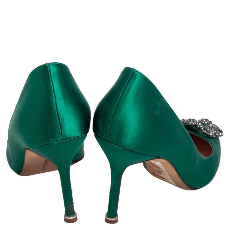 Pre Owned Manolo Blahnik Green Satin Hangisi Pumps Size 36.5