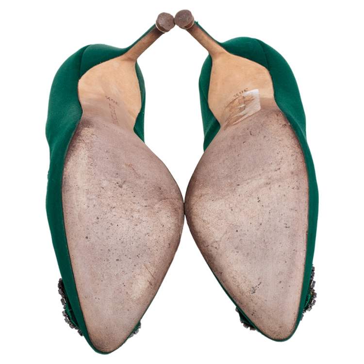 Pre Owned Manolo Blahnik Green Satin Hangisi Pumps Size 36.5