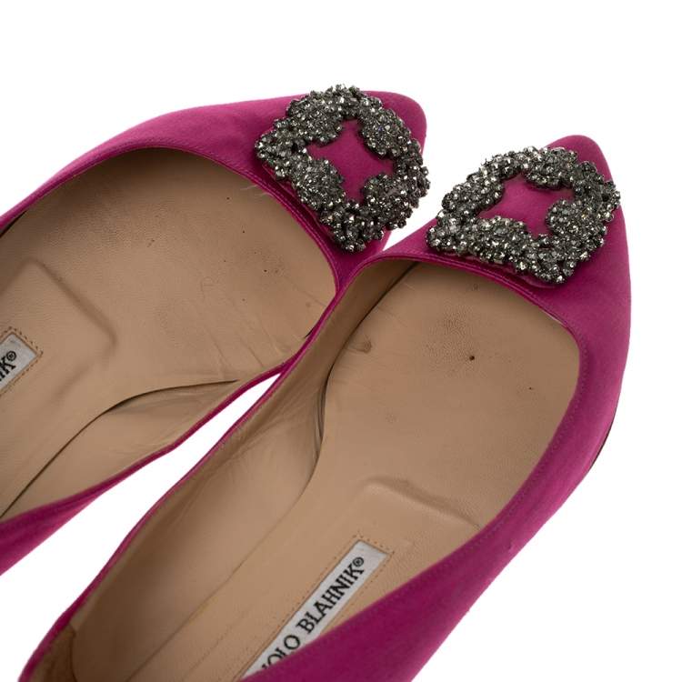 Pre Owned Manolo Blahnik Pink Satin Hangisi Crystal Embellished Ballet Flats Size 38.5