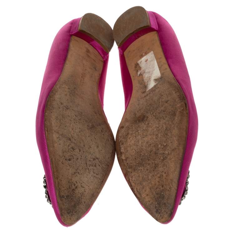 Pre Owned Manolo Blahnik Pink Satin Hangisi Crystal Embellished Ballet Flats Size 38.5