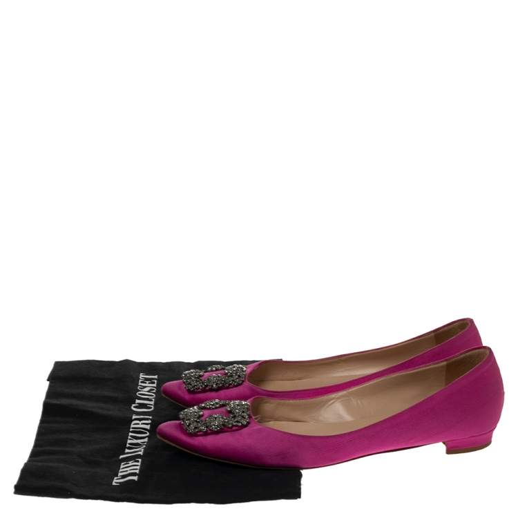 Pre Owned Manolo Blahnik Pink Satin Hangisi Crystal Embellished Ballet Flats Size 38.5