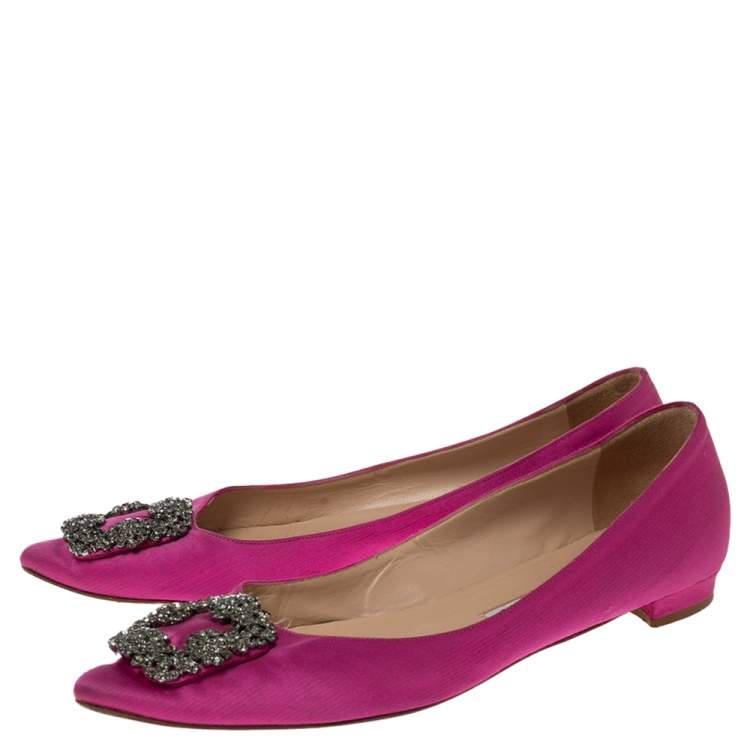 Pre Owned Manolo Blahnik Pink Satin Hangisi Crystal Embellished Ballet Flats Size 38.5