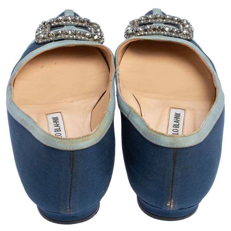 Pre Owned Manolo Blahnik Blue Satin Gotrian Crystal Embellished Pointed Toe Flats Size 37