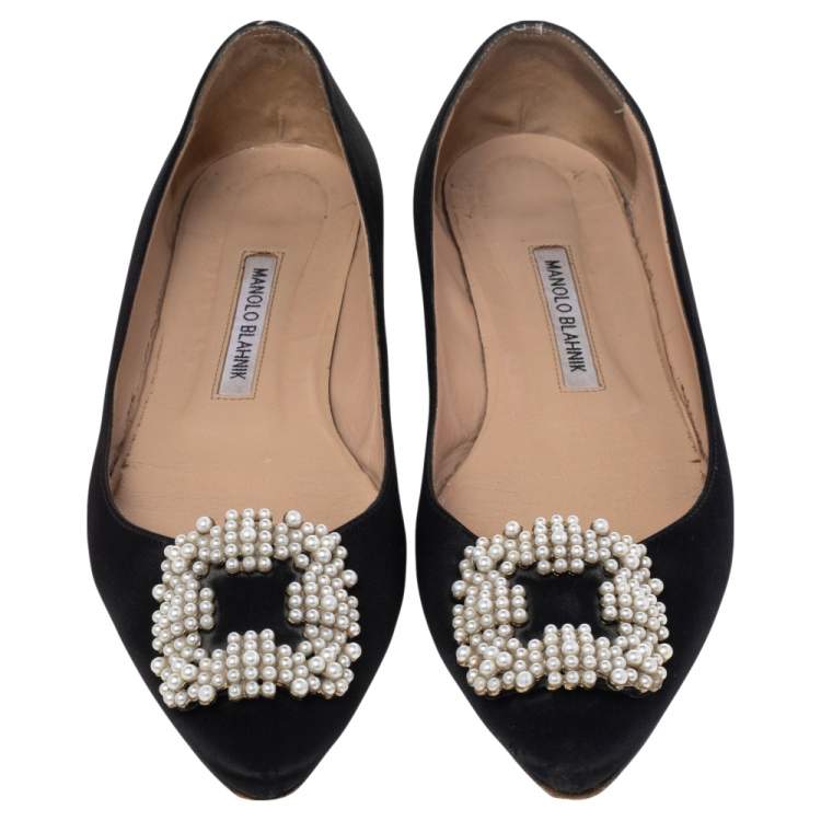 Pre Owned Manolo Blahnik Black Satin Hangisi Ballet Flats Size 38.5