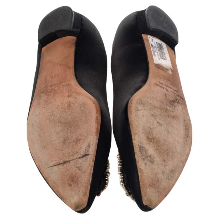 Pre Owned Manolo Blahnik Black Satin Hangisi Ballet Flats Size 38.5