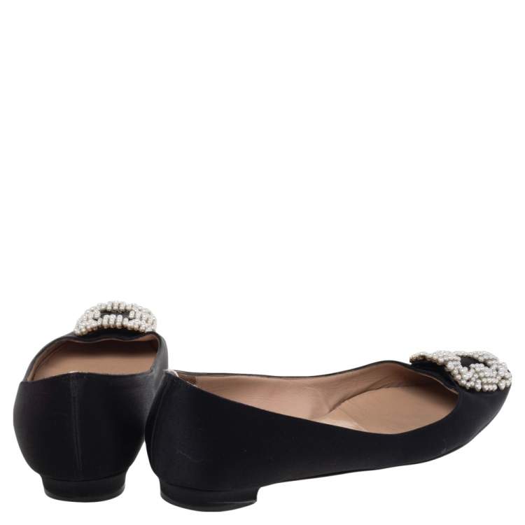 Pre Owned Manolo Blahnik Black Satin Hangisi Ballet Flats Size 38.5