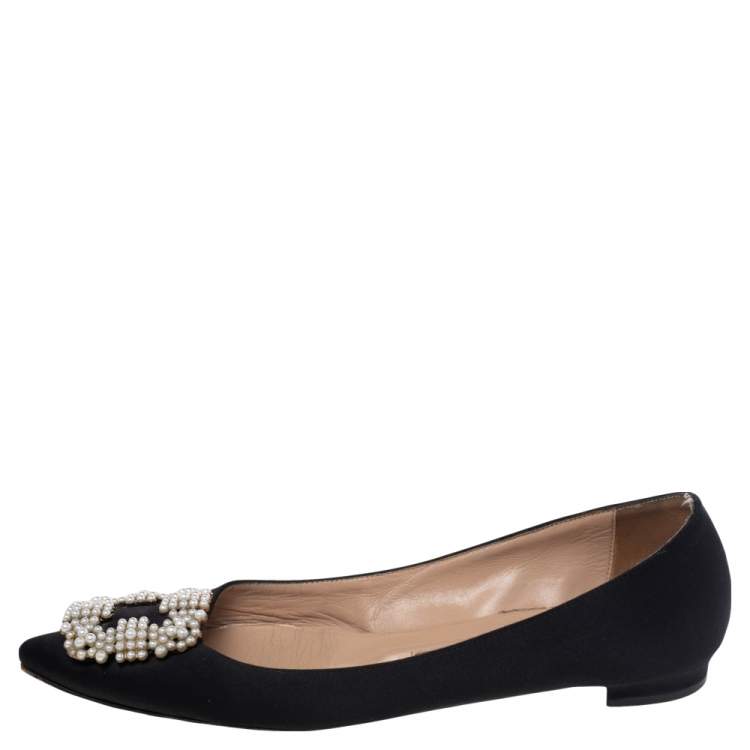 Pre Owned Manolo Blahnik Black Satin Hangisi Ballet Flats Size 38.5
