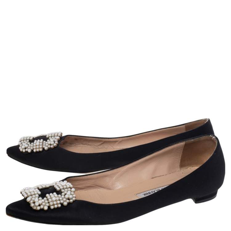 Pre Owned Manolo Blahnik Black Satin Hangisi Ballet Flats Size 38.5