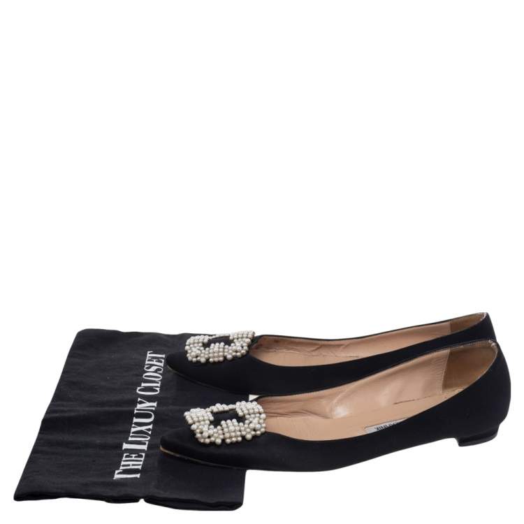 Pre Owned Manolo Blahnik Black Satin Hangisi Ballet Flats Size 38.5