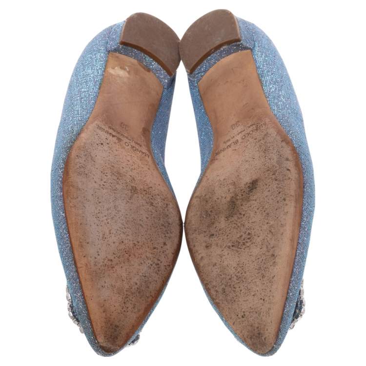 Pre Owned Manolo Blahnik Grey Glitter Hangisi Ballet Flats Size 38