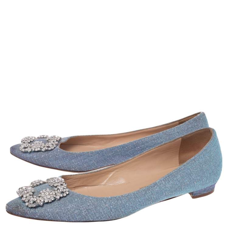 Pre Owned Manolo Blahnik Grey Glitter Hangisi Ballet Flats Size 38