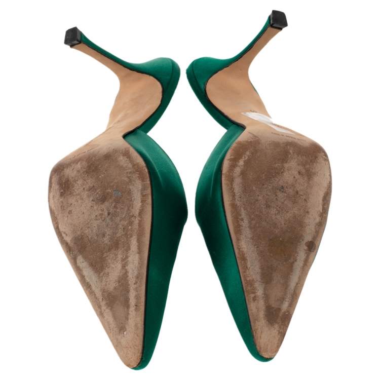 Pre Owned Manolo Blahnik Green Satin Hangisi Sandals Size 41
