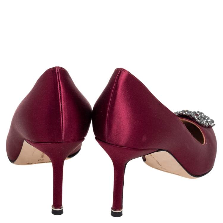 Pre Owned Manolo Blahnik Burgundy Satin Hangisi Pumps Size 39